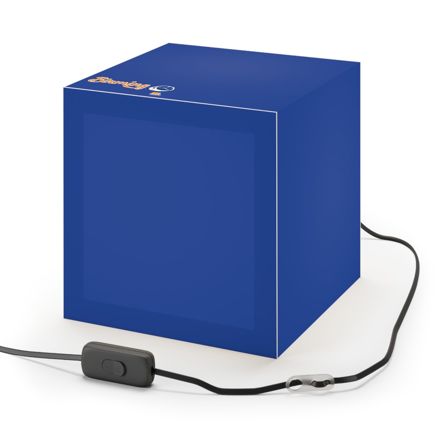 Blue Cube Pendant Lamp — Minimal Modern Light Cube with 'Burning' Logo